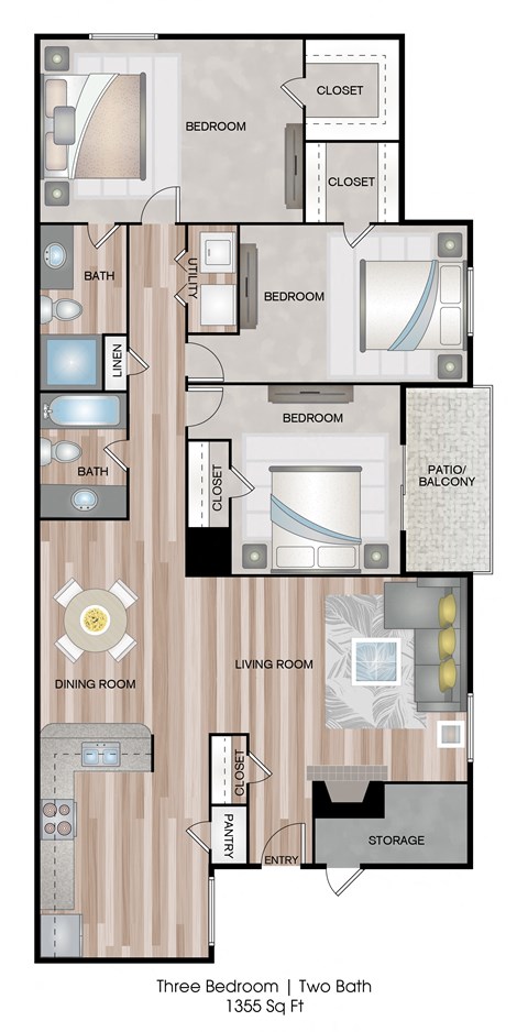 Floor plan for 3 beds, 2 baths, 1355 sqft